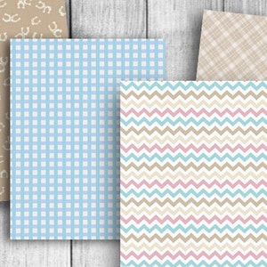 May include: Four digital paper patterns in a set. The patterns are: brown with white horseshoes, blue gingham, white with brown and blue chevron, and brown plaid.