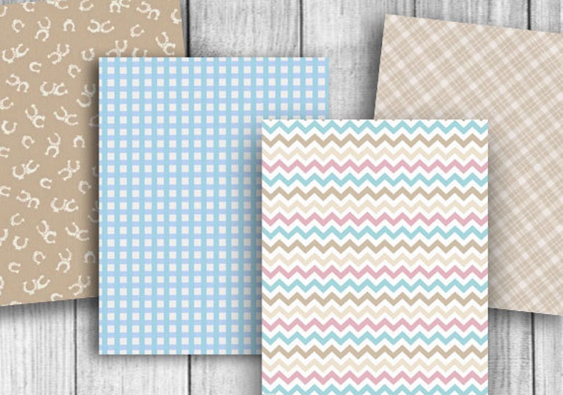May include: Four digital paper patterns in a set. The patterns are: brown with white horseshoes, blue gingham, white with brown and blue chevron, and brown plaid.