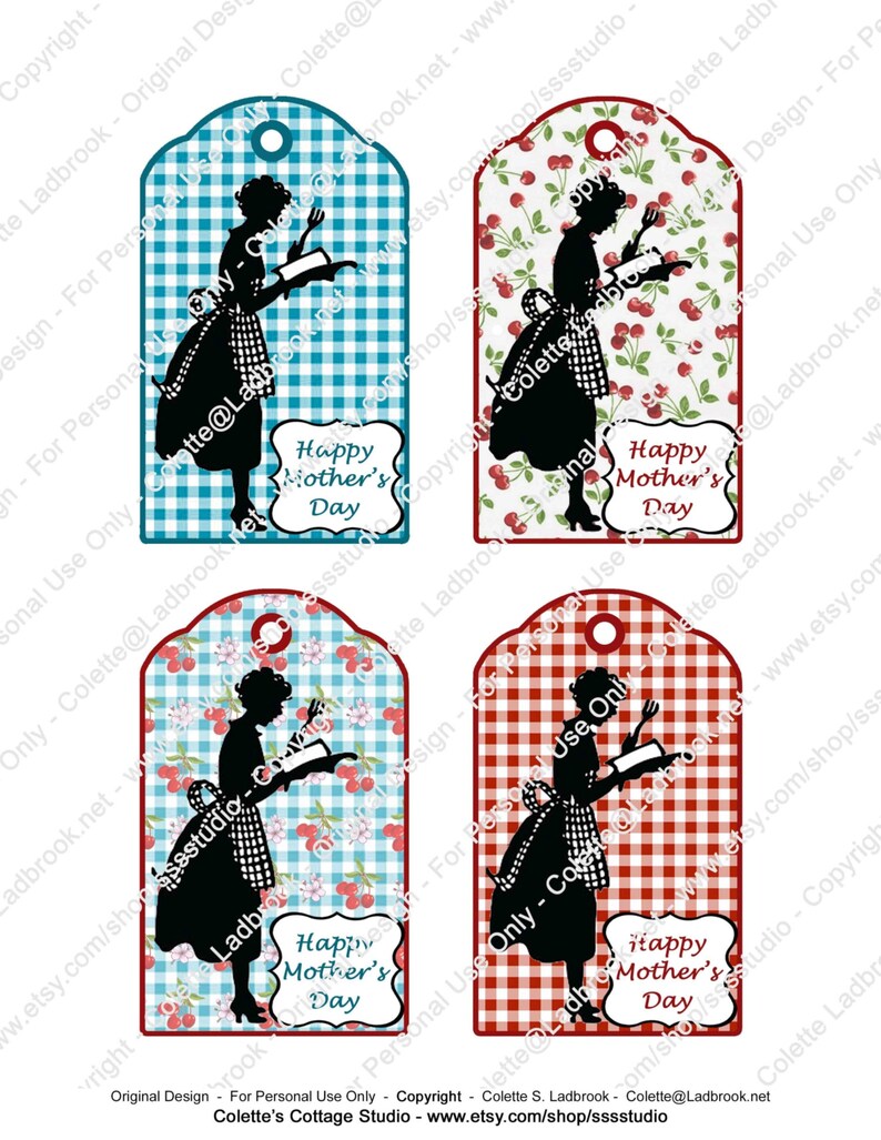 Mothers Day Red Cherries Tag Set Printable Gingham Instant Digital Download Gift Tags Vintage Mothers Day Retro Kitchen