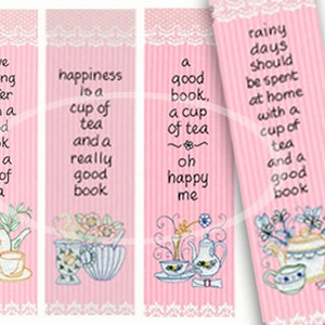 Tea Party Bookmarks Digital Tea Party Favor, Pink Bookmarks, DIY Bookmark, craft supplies, Pink shower favor, tea cups, digital download image 1