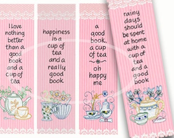 Tea Party Bookmarks Digital Tea Party Favor, Pink Bookmarks, DIY Bookmark, craft supplies, Pink shower favor, tea cups, digital download