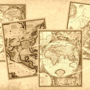 Może przedstawiać: Kolaż czterech antycznych map, z kt&oacute;rych każda przedstawia inną część świata. Mapy są w odcieniach brązu i kremowego, z misternymi szczeg&oacute;łami i ręcznie pisanym tekstem. Mapy są ułożone w siatkę, na jasnobrązowym tle.