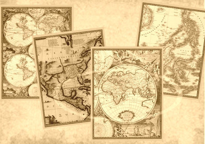 Może przedstawiać: Kolaż czterech antycznych map, z kt&oacute;rych każda przedstawia inną część świata. Mapy są w odcieniach brązu i kremowego, z misternymi szczeg&oacute;łami i ręcznie pisanym tekstem. Mapy są ułożone w siatkę, na jasnobrązowym tle.