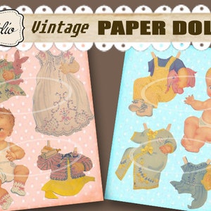 poupées en papier bébé vintage, découpes imprimables des années 1940, faveurs de fête numériques annonces de bébé invitations de bébé téléchargements imprimables, collage image 4