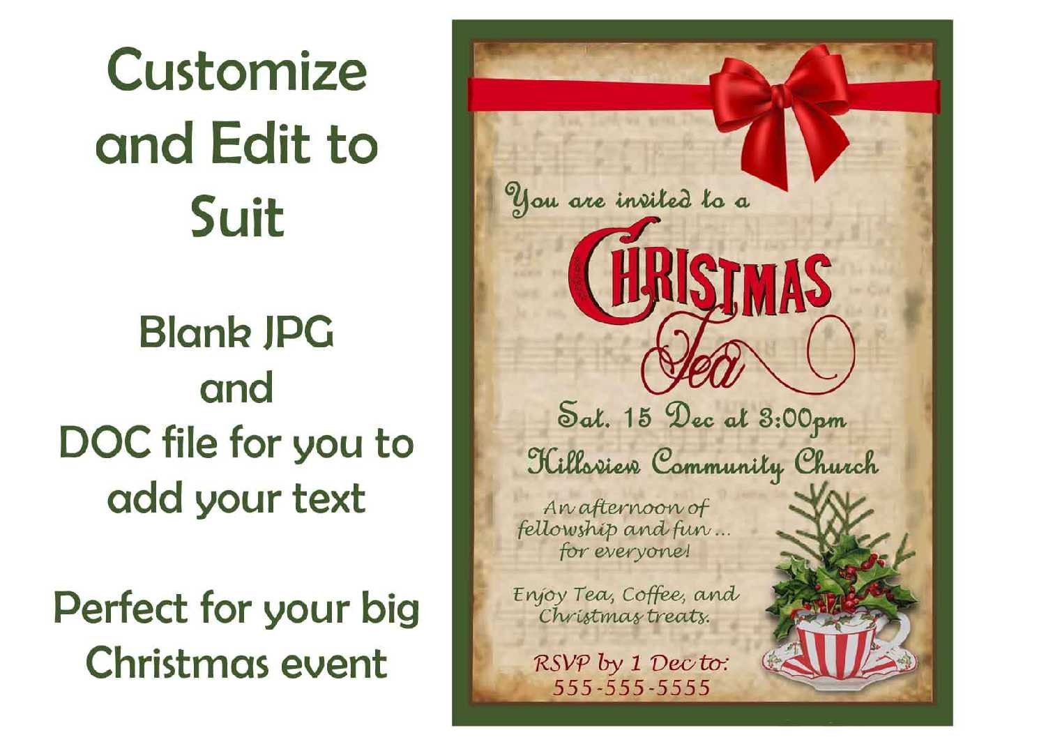 christmas tea invitation printable download holiday party