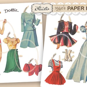 Vintage Papierpuppen druckbare, Papierpuppe Clip Art Papierpuppe Outfits Rollschuhe 1940er Jahre Bastelbedarf, digitale Collage, Junk Journals