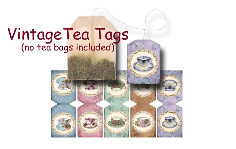 Tea Bag Tags, Vintage Party Favors, Digital Download, Printable Gift Tags, Tea printables, Tea Party Tags, Colorful Tea Cups, Teabag Tags image 1