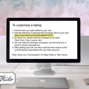 Puede incluir: Una pantalla de ordenador que muestra instrucciones sobre c&oacute;mo personalizar una lista en Etsy. El texto en la pantalla incluye un enlace a una lista espec&iacute;fica de Etsy: https://www.etsy.com/nz/listing/650915277/.