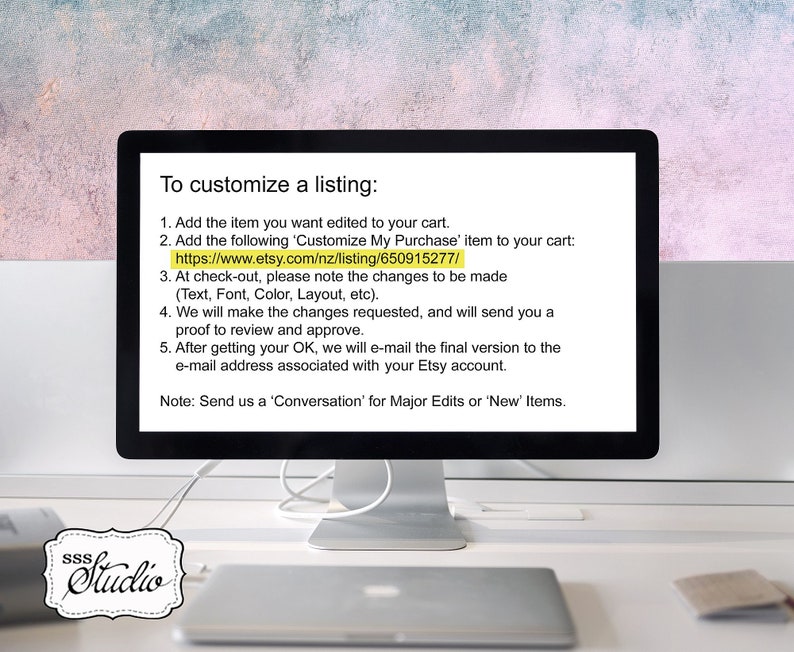 Puede incluir: Una pantalla de ordenador que muestra instrucciones sobre c&oacute;mo personalizar una lista en Etsy. El texto en la pantalla incluye un enlace a una lista espec&iacute;fica de Etsy: https://www.etsy.com/nz/listing/650915277/.