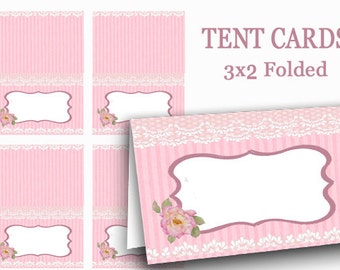 PINK Tent Cards, Digital Food Label, Pink Name Tags, Valentine Tea Party place card, party supplies, Mothers Day, Bridal shower, Pink Ribbon