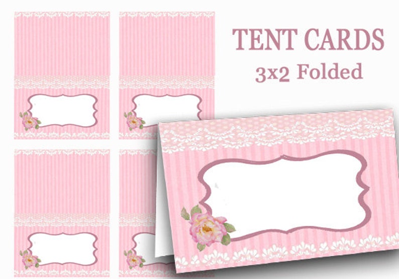 PINK Tent Cards, Digital Food Label, Pink Name Tags, Valentine Tea Party place card, party supplies, Mothers Day, Bridal shower, Pink Ribbon 