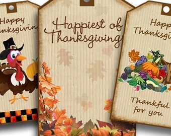 Thanksgiving Gift Tags Digital Printable Turkey tag Fall Leaves, Cornucopia Printable Tags, thankful for you, hostess tags, pumpkin decor