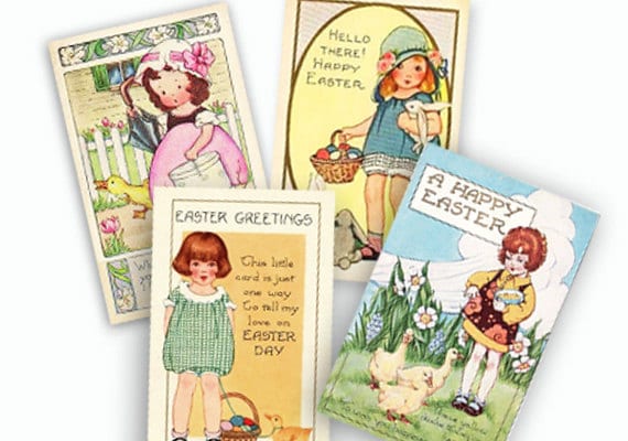 Vintage Easter Cards Digital Collage, Instant Download, Easter Basket Tags, Scrapbooks, Graphic images, craft supplies, Easter bunny collage