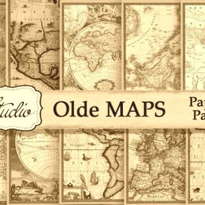 Może przedstawiać: Cyfrowy pakiet papieru z dziewięcioma mapami vintage w sepii. Mapy przedstawiają r&oacute;żne regiony świata, w tym Amerykę P&oacute;łnocną, Europę i Azję. Pakiet nosi tytuł "Olde MAPS Paper Pack".