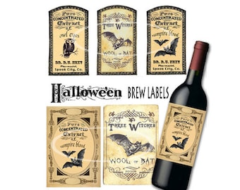 Halloween Brew Labels, Digital Labels, Printable Apothecary labels, party supplies, Black bats, vampire blood, digital Party images decor