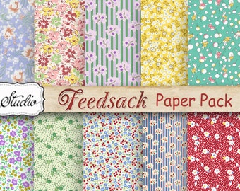 Feed Sack Floral Paper Pack, digitaal plakboekpapier, afdrukbaar achtergrondpapier, kaarten, knutselspullen, digitale collage, jpeg, feedsacks