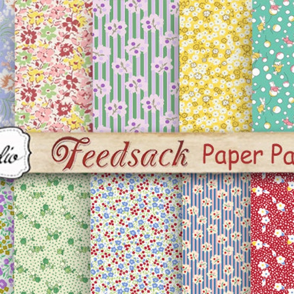 Feed Sack Floral Paper Pack, Digitaal Scrapbookpapier, Afdrukbaar achtergrondpapier, Kaarten, Ambachtelijke benodigdheden, digitale collage, jpeg, feedsacks