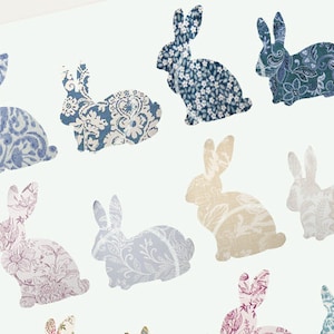 May include: A set of 10 bunny silhouettes with different floral patterns. The bunnies are in various shades of blue, beige, and pink.