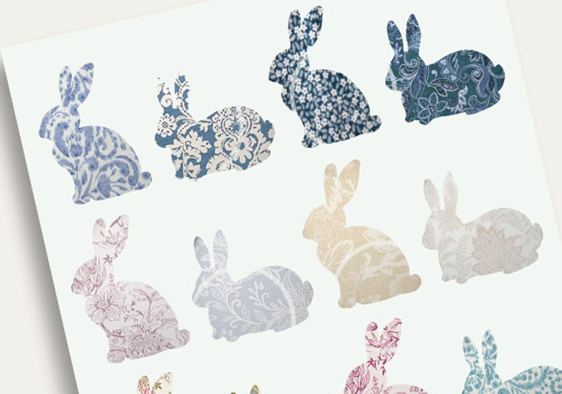 May include: A set of 10 bunny silhouettes with different floral patterns. The bunnies are in various shades of blue, beige, and pink.