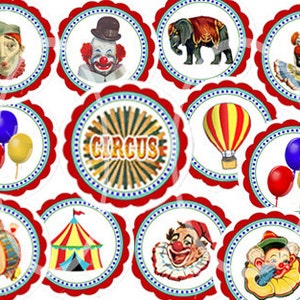 Décorations pour cupcakes cirque cercles de carnaval numériques collage numérique fête d'anniversaire cirque Clown coloré imprimable décorations autocollants fête