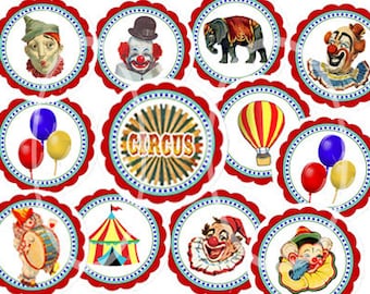Circus cupcake toppers digital Carnival Circles digital collage Circus Birthday Party Printable colorful Clown toppers Party stickers tags