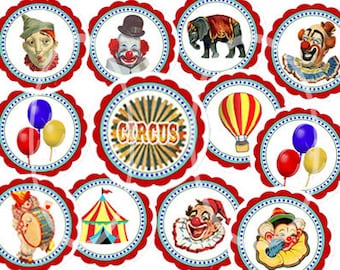 Circus cupcake toppers digital Carnival Circles digital collage Circus Birthday Party Printable colorful kids Clown toppers Party stickers