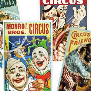 Affiches de cirque, Cartes imprimables de décoration de fête de clown, Carnaval vintage, Fournitures de scrapbooking, Fête d'anniversaire de cirque, Carnaval scolaire