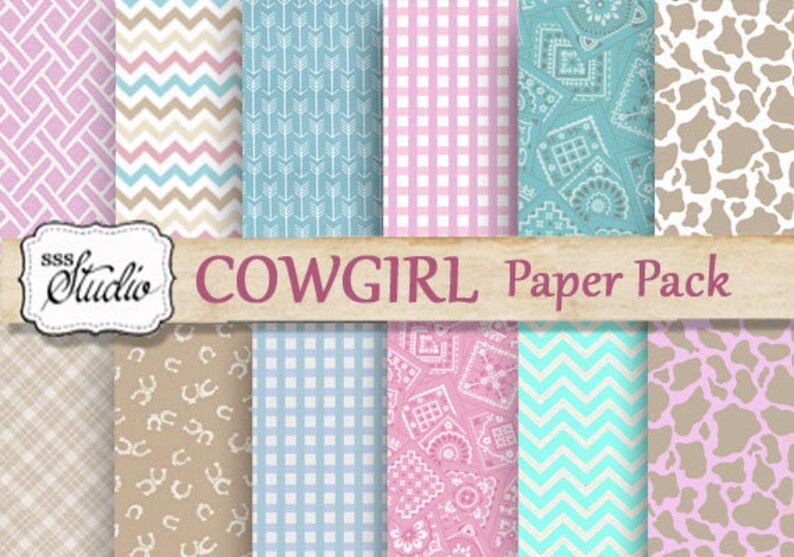 May include: A digital paper pack with 10 different patterns in pink, blue, brown, and white. The patterns include gingham, chevron, arrows, and cow print. The text "COWGIRL Paper Pack" is displayed on the image.