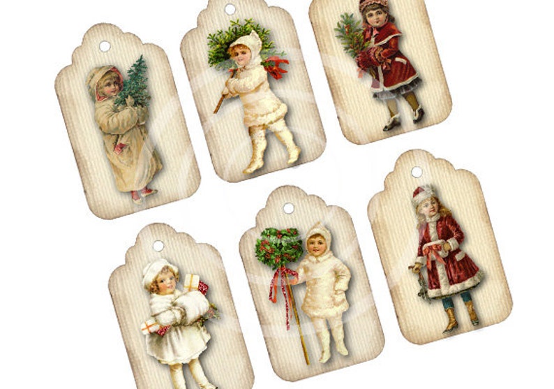 Victorian Girl Gift tags Vintage Christmas tags, Instant Download holiday tags Printable tags, Vintage Images, Digital Collage, winter girl image 1
