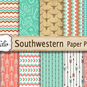 Southwestern Scrapbook Paper Pack Digital Colorful Custom Designed background paper, Western Scrapbook Supplies, arrows, cowboy printable image 1