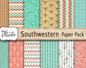 Southwestern Scrapbook Paper Pack Digital Colorful Custom Designed background paper,  Western Scrapbook Supplies, arrows, cowboy printable