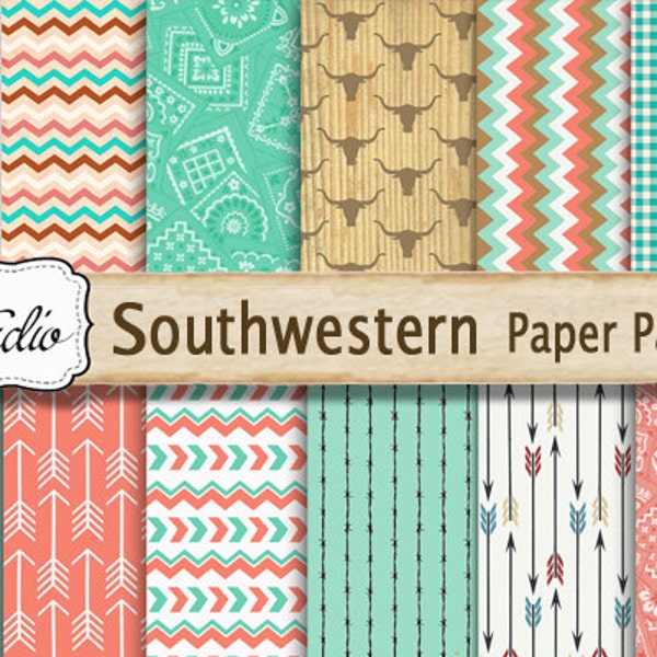 Southwestern Scrapbook Paper Pack Digital Colorful Custom Designed background paper,  Western Scrapbook Supplies, arrows, cowboy printable