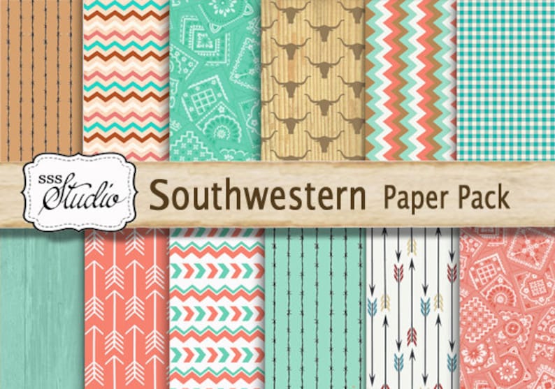 Southwestern Scrapbook Paper Pack Digital Colorful Custom Designed background paper, Western Scrapbook Supplies, arrows, cowboy printable image 1