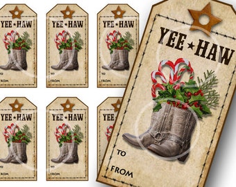 Digital presentetikett för västerländsk jul, utskrivbar cowboyjul, digitala etiketter, jultillbehör, cowboystövlar, polkagrisstång, stjärna