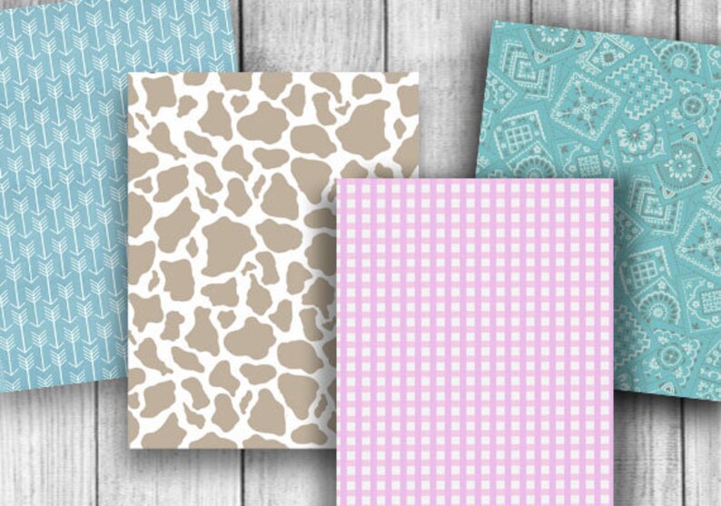 May include: Four digital paper patterns in a collage. The patterns are: a light blue background with white arrows, a white background with brown cow spots, a pink background with white gingham checks, and a light blue background with white bandana patterns.