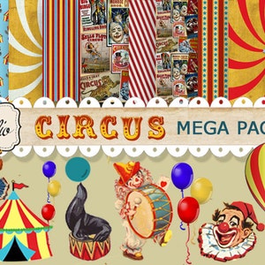 Circus Paper pack, Digital Scrapbook Clip-art, Instant Download, Carnival craft supplies, Cards, Digital Collage, Circus Tent, clowns