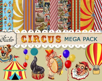 Circus Paper pack, Digital Scrapbook Clip-art, Instant Download, Carnival craft supplies, Cards, Digital Collage, Circus Tent, clowns