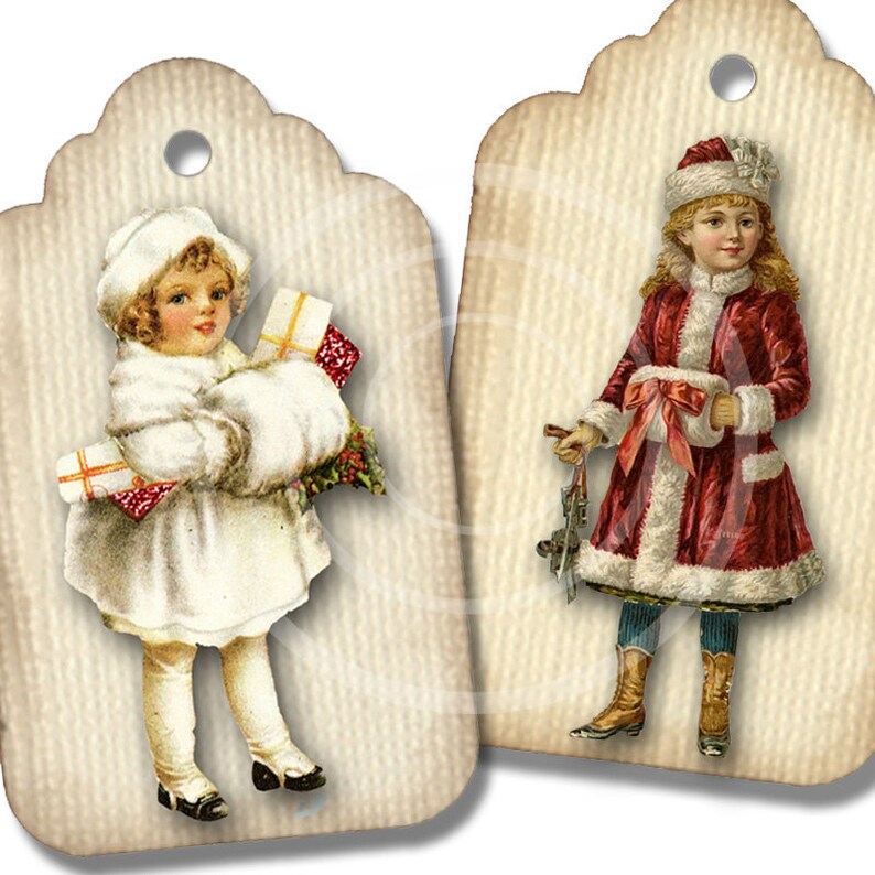 Victorian Girl Gift tags Vintage Christmas tags, Instant Download holiday tags Printable tags, Vintage Images, Digital Collage, winter girl image 3