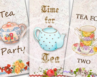 May include: Three printable tea party signs with floral designs. The first sign says "Tea Party!" with a teapot and flowers. The second sign says "Time for Tea" with a blue teapot with white polka dots. The third sign says "Tea for Two" with two teacups and saucers.