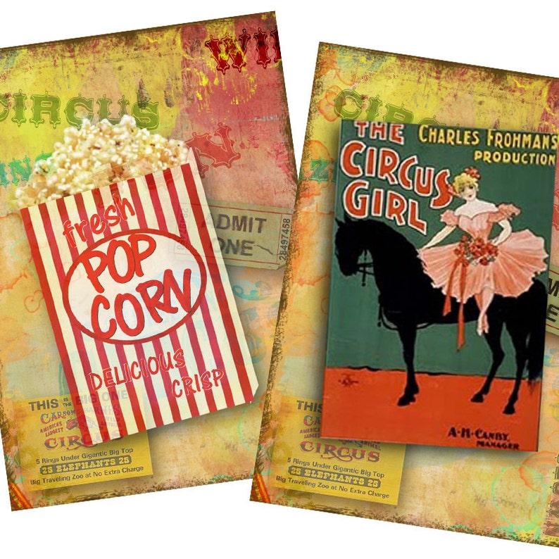 Circus Tags printable Circus Cards Vintage Clown Tags, Elephants Carnival Birthday Party decor digital collage,popcorn tags, School carnival image 3