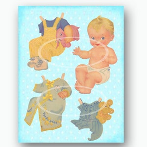 poupées en papier bébé vintage, découpes imprimables des années 1940, faveurs de fête numériques annonces de bébé invitations de bébé téléchargements imprimables, collage image 3
