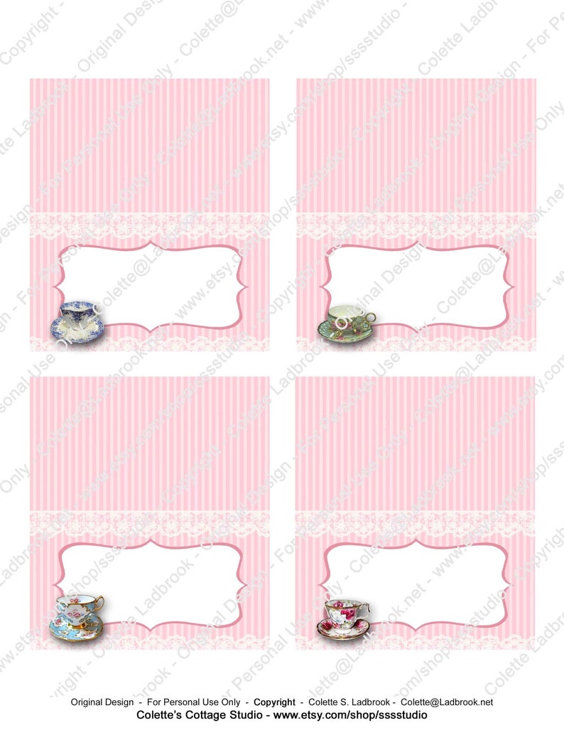 Tea Party Name Tags Digital Tent Cards Vintage Tea Cups Etsy