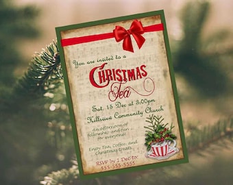 Christmas Tea Invitation Printable Download Holiday Party Invitation, Editable Invitation, High Tea woman's church event, red and green