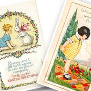 May include: Two vintage Easter greeting cards featuring children and bunnies. The first card shows a girl in a blue dress with a white bunny. The second card shows a girl in a yellow and white checkered dress with a basket of red flowers. Both cards have a floral border and text that reads "Sunny and I both agree To call on you in company With joyful EASTER GREETINGS" and "WITH ALL GOOD WISHES FOR A HAPPY EASTER".