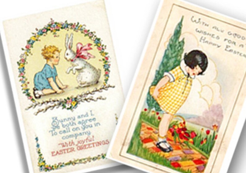 May include: Two vintage Easter greeting cards featuring children and bunnies. The first card shows a girl in a blue dress with a white bunny. The second card shows a girl in a yellow and white checkered dress with a basket of red flowers. Both cards have a floral border and text that reads "Sunny and I both agree To call on you in company With joyful EASTER GREETINGS" and "WITH ALL GOOD WISHES FOR A HAPPY EASTER".