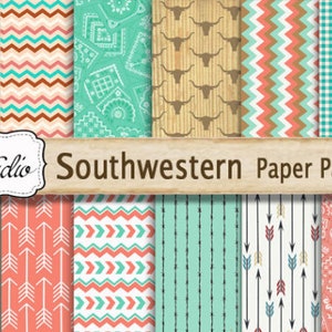 Southwestern Scrapbook Paper Pack Digital Colorful Custom Designed background paper, Western Scrapbook Supplies, arrows, cowboy printable image 5