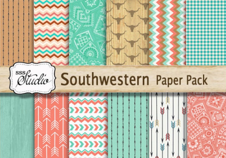 Southwestern Scrapbook Paper Pack Digital Colorful Custom Designed background paper, Western Scrapbook Supplies, arrows, cowboy printable image 5
