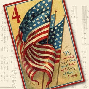 May include: A vintage postcard featuring a patriotic design with three American flags waving in the wind. The flags are red, white, and blue with stars. The number "4" is printed in the top left corner. The text "My country 'tis of thee. Sweet land of Liberty, of thee I sing." is printed in the bottom right corner.