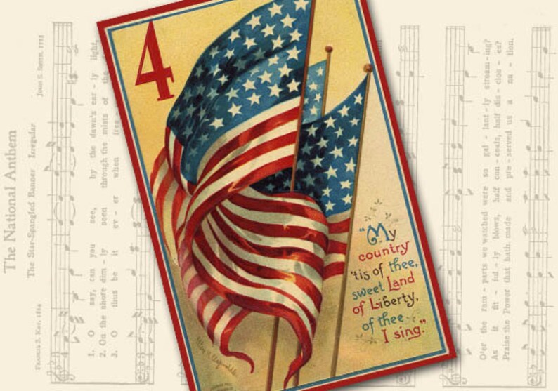 May include: A vintage postcard featuring a patriotic design with three American flags waving in the wind. The flags are red, white, and blue with stars. The number "4" is printed in the top left corner. The text "My country 'tis of thee. Sweet land of Liberty, of thee I sing." is printed in the bottom right corner.