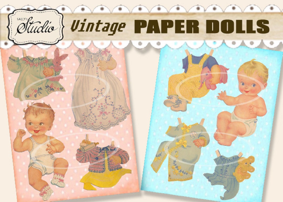 Vintage Baby Paper Dolls, 1940's Printable Cutouts, Digital Party